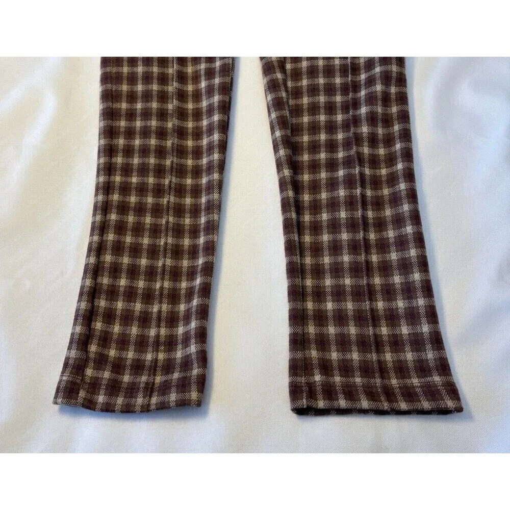 FREE PEOPLE Brown Motif Checkered Pants Women 2 Straight Slim Leg High Rise Soft